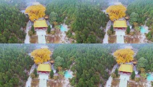 山东济南淌豆寺秋天航拍寺庙高清在线视频素材下载