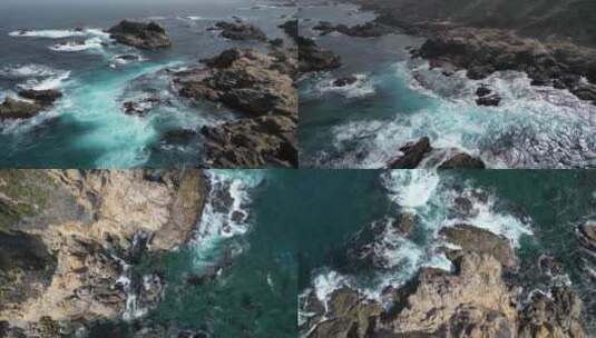 航拍海岸海浪拍打礁石岩石清澈的海水浪花高清在线视频素材下载