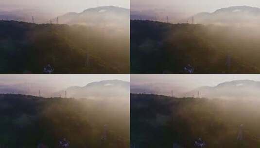 4k长沙谷山森林公园日出晨雾航拍高清在线视频素材下载