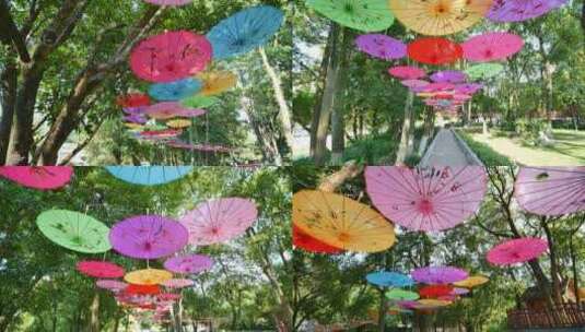 公园小路油纸伞高清在线视频素材下载