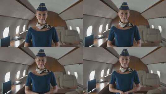 飞机机舱内空姐的人像特写高清在线视频素材下载