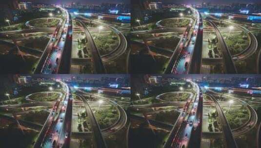 航拍夜晚杭州滨江时代大道高架中兴立交夜景高清在线视频素材下载