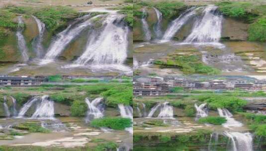 旅游景区芙蓉镇瀑布竖屏航拍高清在线视频素材下载