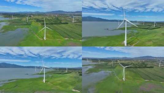 4K航拍官厅水库风力发电机高清在线视频素材下载
