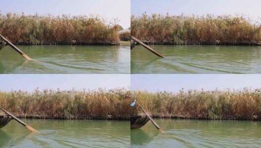 （慢镜头）小船河中前行船桨摇动特写高清在线视频素材下载