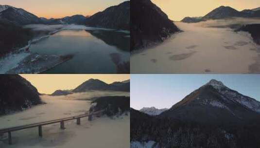 航拍冬季冰封的河流雪景合集高清在线视频素材下载