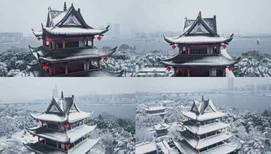 长沙湘江橘子洲大雪雪景航拍高清在线视频素材下载