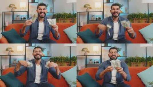 兴奋快乐的印度男人展示金钱美元现金钞票满高清在线视频素材下载