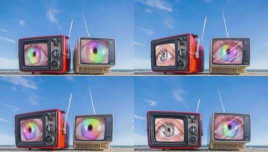 复古电视和海滩上屏幕上的女性眼睛高清在线视频素材下载