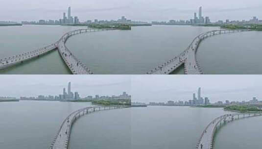 苏州金鸡湖金水湾栈桥水岸慢行绿道航拍高清在线视频素材下载