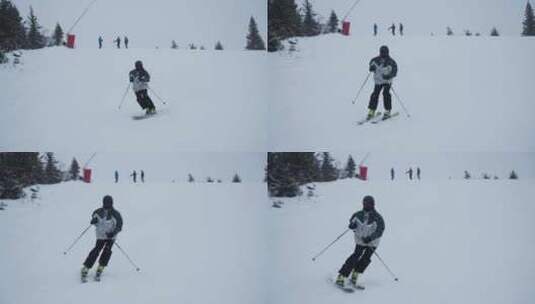 4K滑雪者的慢动作，当阴天下雪时，滑雪场高清在线视频素材下载