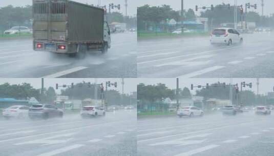 夏天暴雨中在公路上飞驰的车流高清在线视频素材下载