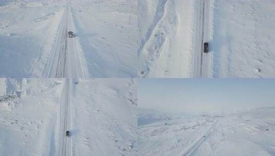 雪地公路行驶的车辆俯瞰高清在线视频素材下载