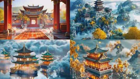 国风建筑亭台楼阁宫殿城池舞台大屏背景片头高清在线视频素材下载