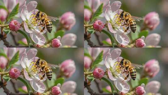蜜蜂花朵间采蜜特写高清在线视频素材下载