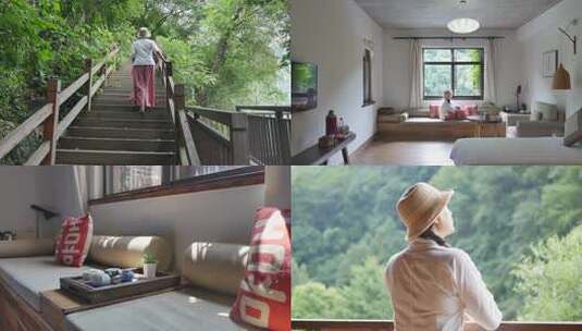 少女民宿里尽享宁谧美景/ 推窗远眺/沉思高清在线视频素材下载