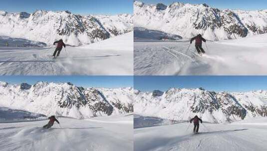 专业滑雪者在陡峭的滑雪坡上快速转弯。美丽高清在线视频素材下载