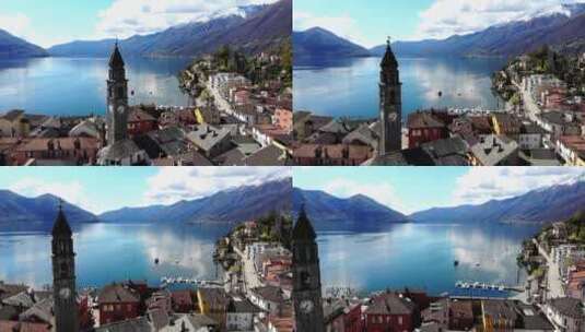 无人机拍摄的山湖旁边的小镇高清在线视频素材下载