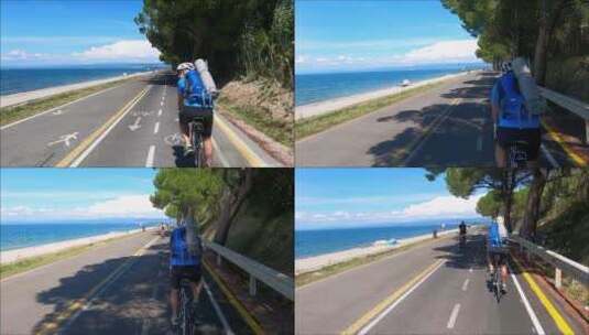 穷游者在沿海公路上骑自行车高清在线视频素材下载