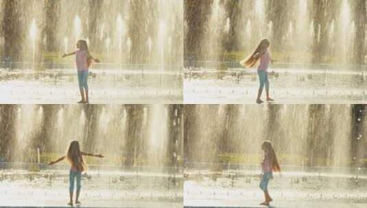 女孩站在喷泉前旋转高清在线视频素材下载