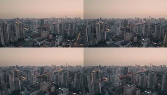 4K航拍上海黄昏高楼大厦高架路前飞高清在线视频素材下载