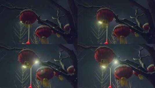 树枝红灯笼下雪高清在线视频素材下载