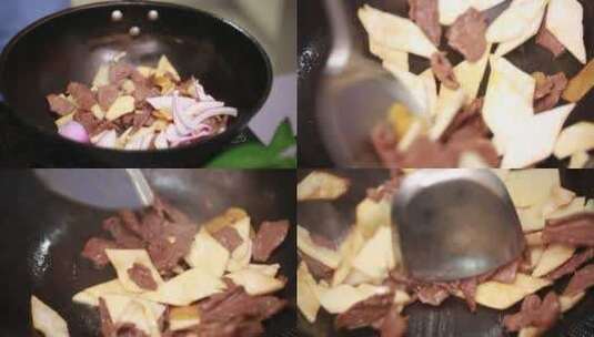 【镜头合集】炝锅炒制葱爆牛肉高清在线视频素材下载