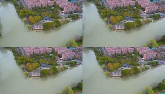 航拍嘉兴京杭运河三塔公园高清在线视频素材下载