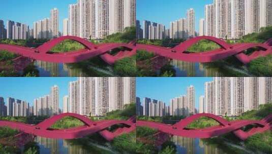 航拍湖南长沙梅溪湖红色中国结步行桥高清在线视频素材下载