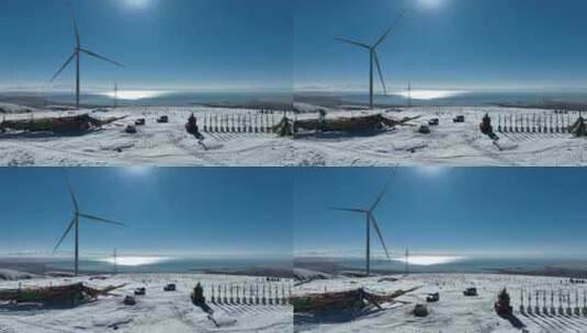 青海湖同宝山雪山电力风车高清在线视频素材下载
