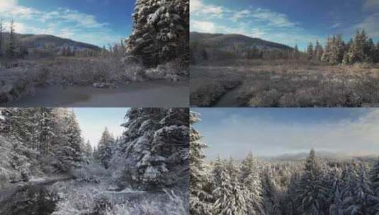 航拍冬季雪景森林河流高清在线视频素材下载