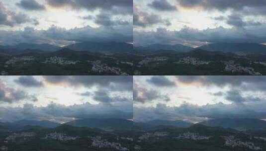 武汉山中村落早晨阳光穿过云朵航拍高清在线视频素材下载