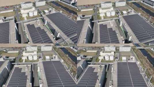 现代工厂屋顶太阳能光伏发电板高清在线视频素材下载