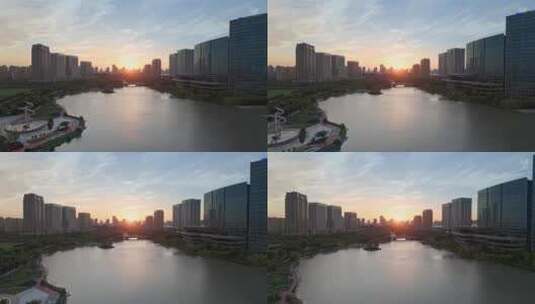 航拍上海松江五龙湖公园黄昏夕阳美景高清在线视频素材下载