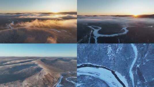 航拍林海雪原冷空气云雾朝阳高清在线视频素材下载