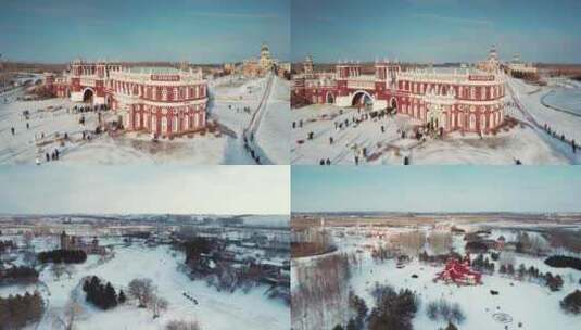 哈尔滨冬季伏尔加庄园航拍4k高清在线视频素材下载