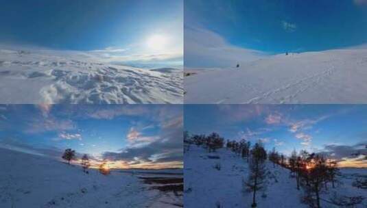 FPV无人机航拍雪景雪山森林日出蓝天白云高清在线视频素材下载