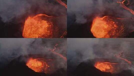 火山喷发时的炽热熔岩、喷气孔、热气和火花高清在线视频素材下载