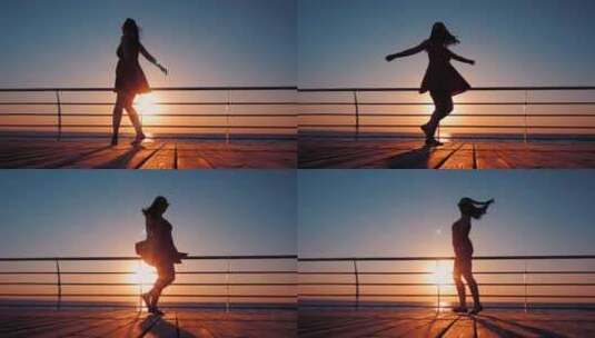 女孩夕阳跳舞剪影高清在线视频素材下载