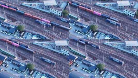 俯瞰铁路轨道货运火车高清在线视频素材下载