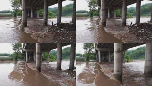 山洪水冲刷高速公路桥墩路基自然极端天气高清在线视频素材下载