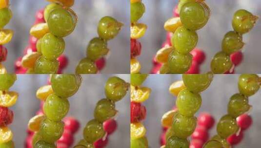 糖葫芦 冰糖葫芦 水果 甜食 糖 路边摊高清在线视频素材下载