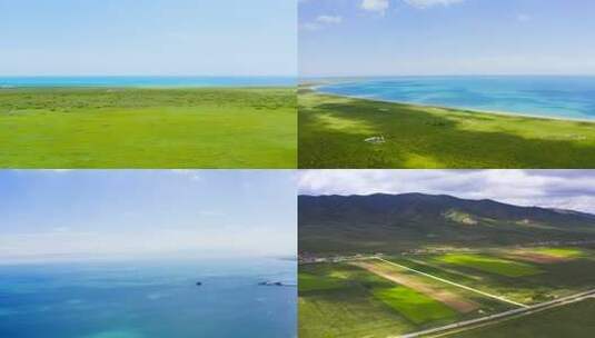 青海湖草原与蓝天相接的开阔景象高清在线视频素材下载