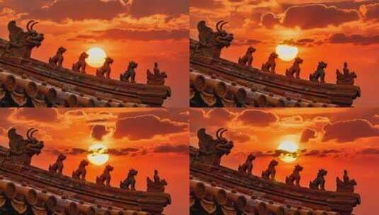 中国古建筑脊兽日出云彩延时摄影高清在线视频素材下载