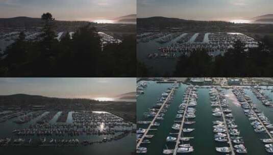 航拍华盛顿州阿纳科特斯海边码头游艇日落高清在线视频素材下载