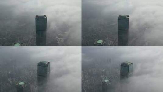 湖南长沙国金中心清晨迷雾平流层航拍高清在线视频素材下载