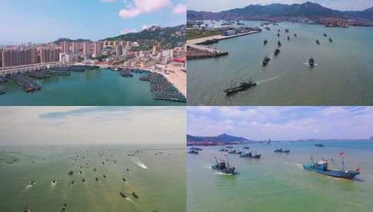渔港开海  渔民 捕渔船 捕渔渔业   蓝天高清在线视频素材下载