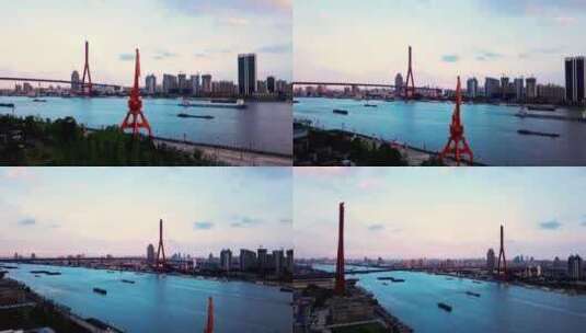 黄浦江杨浦大桥轮船航拍高清在线视频素材下载