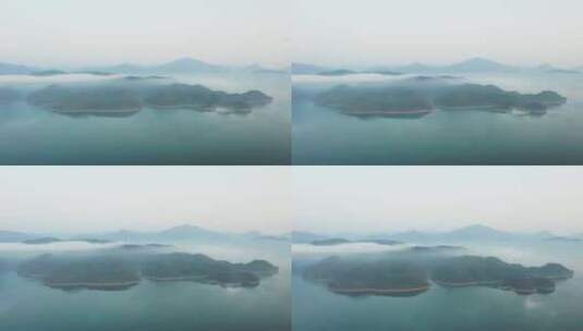 安徽省黄山市太平湖景区晨曦云雾航拍高清在线视频素材下载