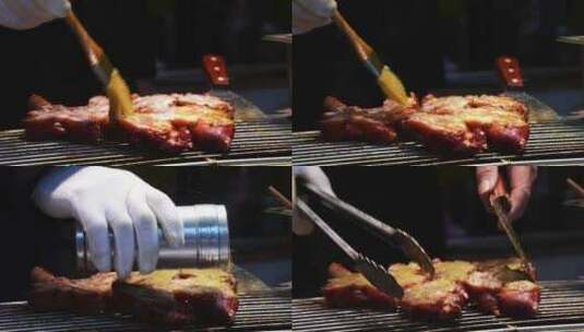 烤肉架上的牛排煎烤牛排猪排大火煎烤高清在线视频素材下载